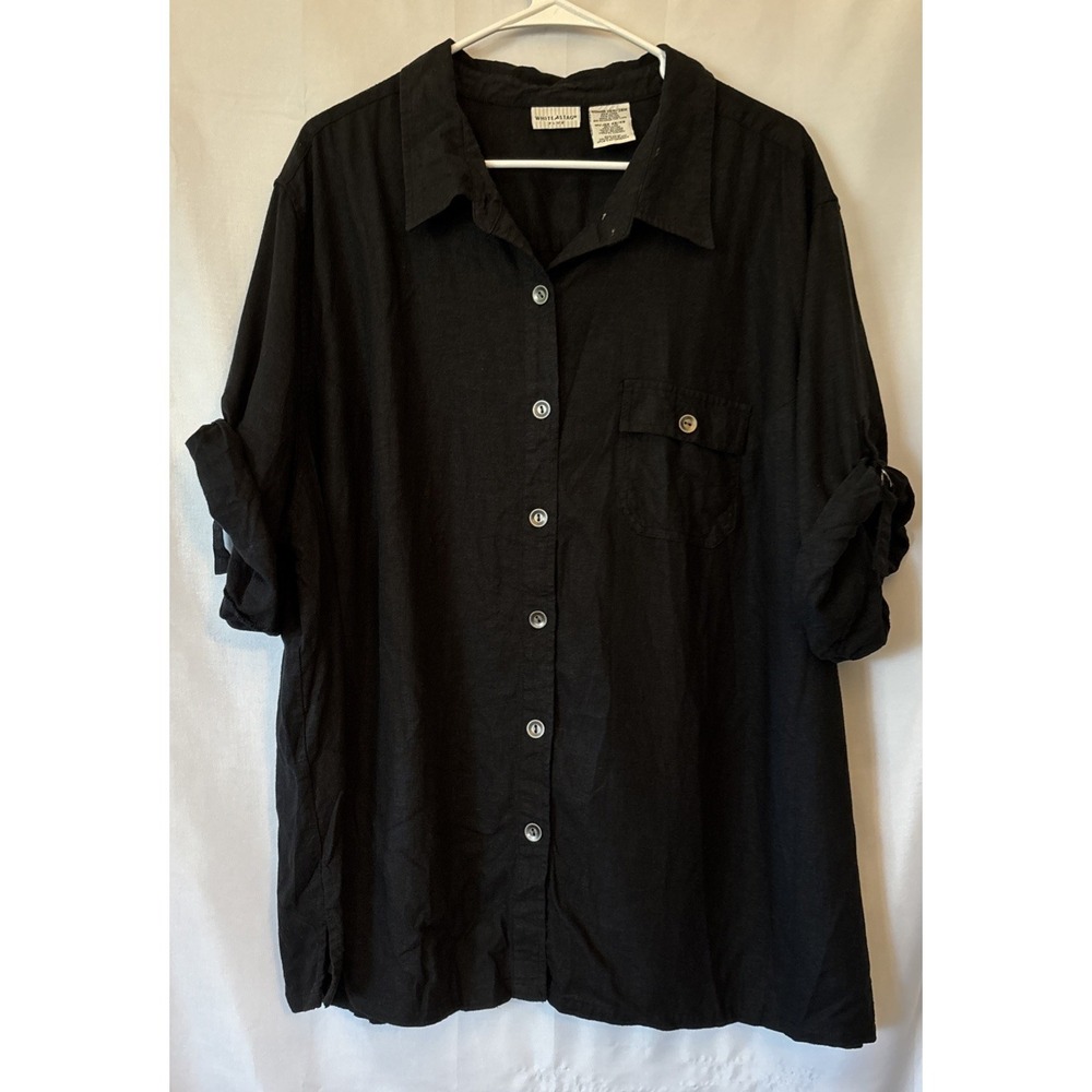 White Stag Women's Black Roll Cuff Sleeve Pocket Linen Blend Dress Shirt 26/28
